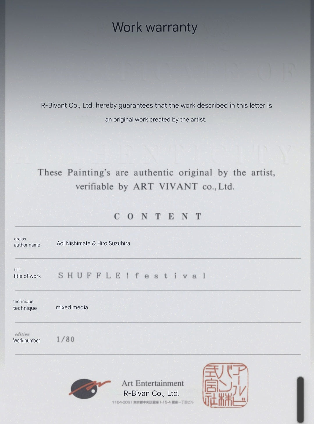 SHUFFLE! Hiro Suzuhira/Aoi Nishimata signed Fine Graph illustration