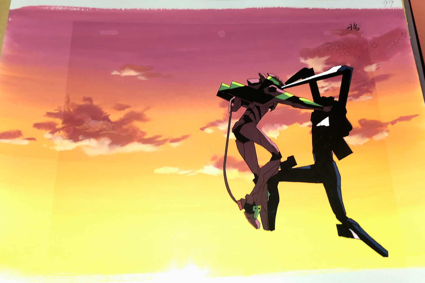Neon Genesis Evangelion: Unit 01 vs unit 03 animation cel + background + douga