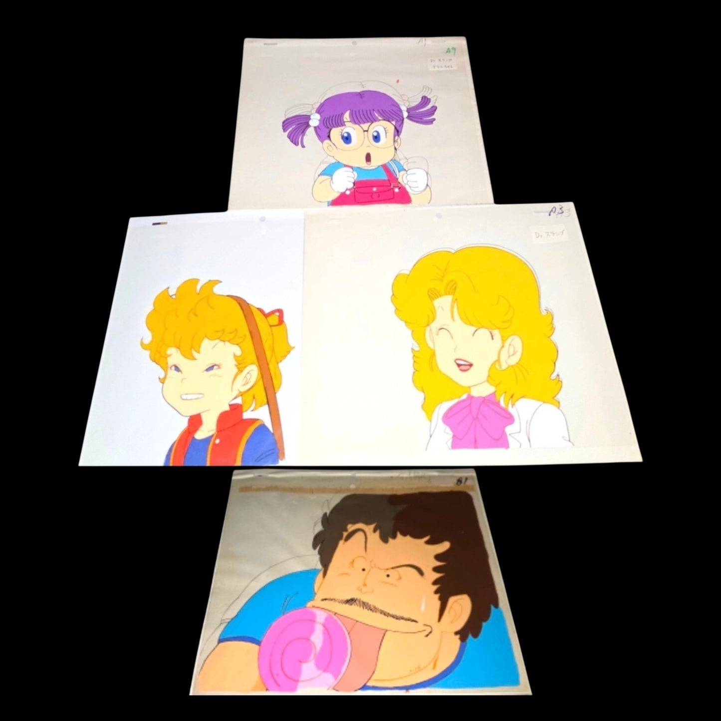 Dr Slump: set of 4 cels of Arale Norimaki, Akane Kimidori, Senbei Norimaki & Midori Norimaki (formerly Midori
Yamabuki)
