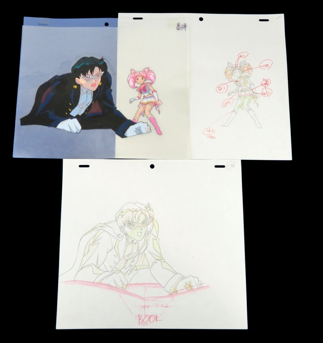 Sailor moon: Tuxedo Mask, Chibi Moon, Mamoru Chiba, and Chibi-Usa animation cel set