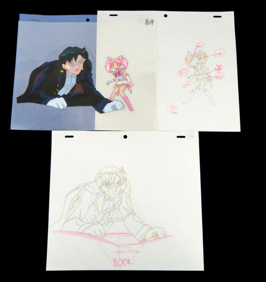 Sailor moon: Tuxedo Mask, Chibi Moon, Mamoru Chiba, and Chibi-Usa animation cel set