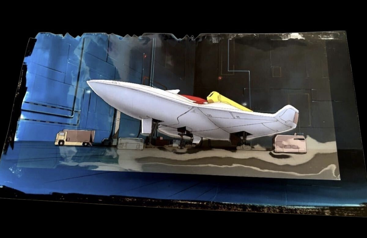 Mobile Suit Gundam Wing: Atmospheric re-entry shuttle large pan animation cel + original background