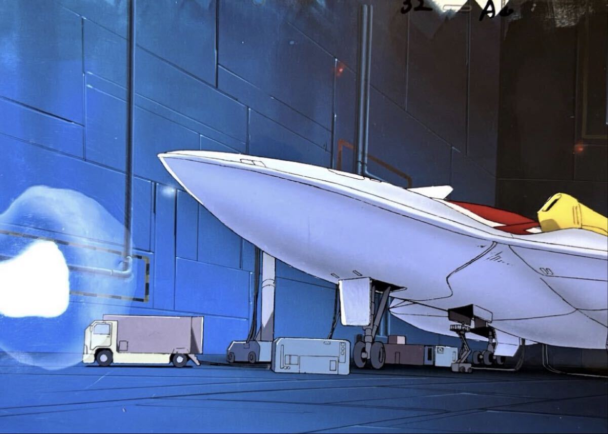Mobile Suit Gundam Wing: Atmospheric re-entry shuttle large pan animation cel + original background