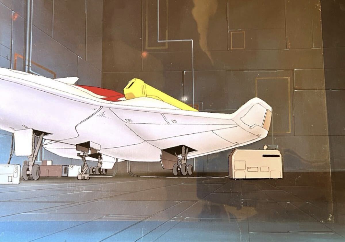 Mobile Suit Gundam Wing: Atmospheric re-entry shuttle large pan animation cel + original background