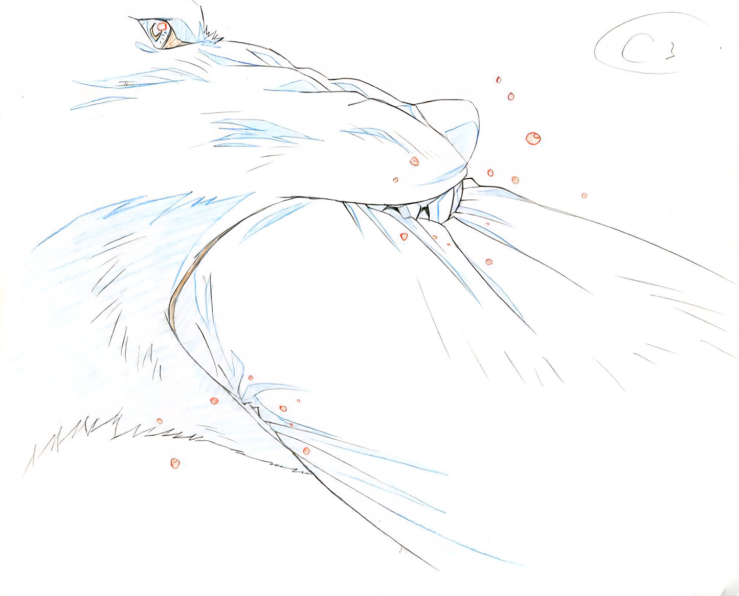 Wolf's Rain: Blue (wolf form) biting Quent to wake him