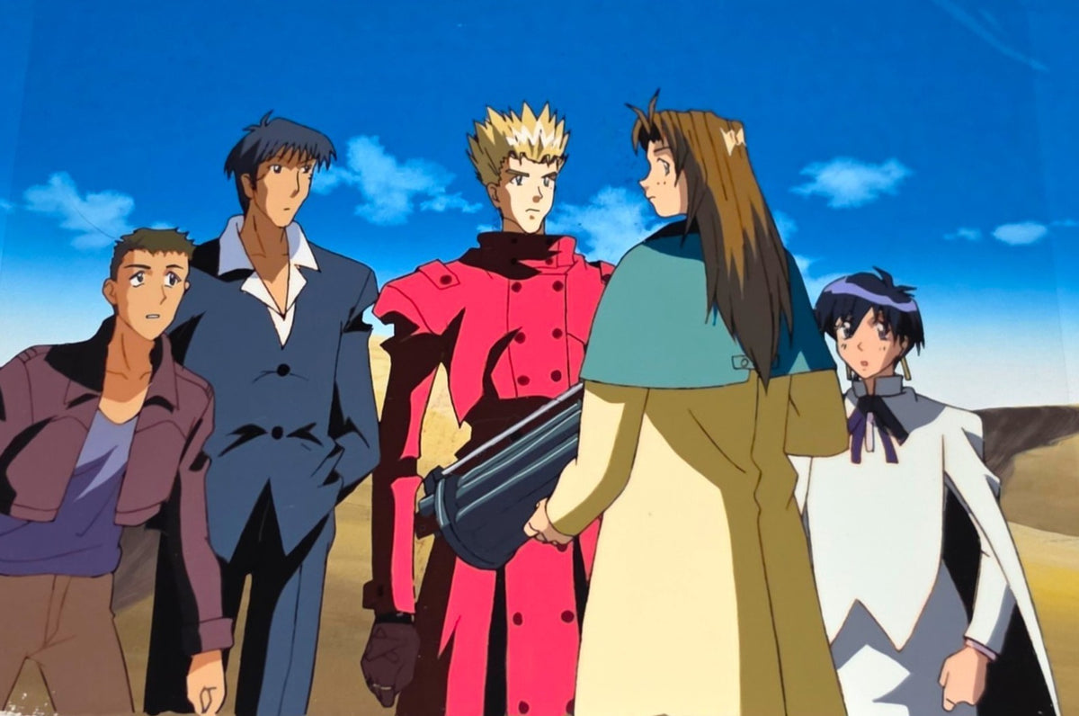 Trigun: (rare group cel) Vash, Nicholas D. Wolfwood, Milly Thompson & Meryl Strife animation cel + background