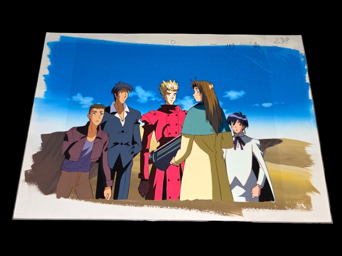 Trigun: (rare group cel) Vash, Nicholas D. Wolfwood, Milly Thompson & Meryl Strife animation cel + background